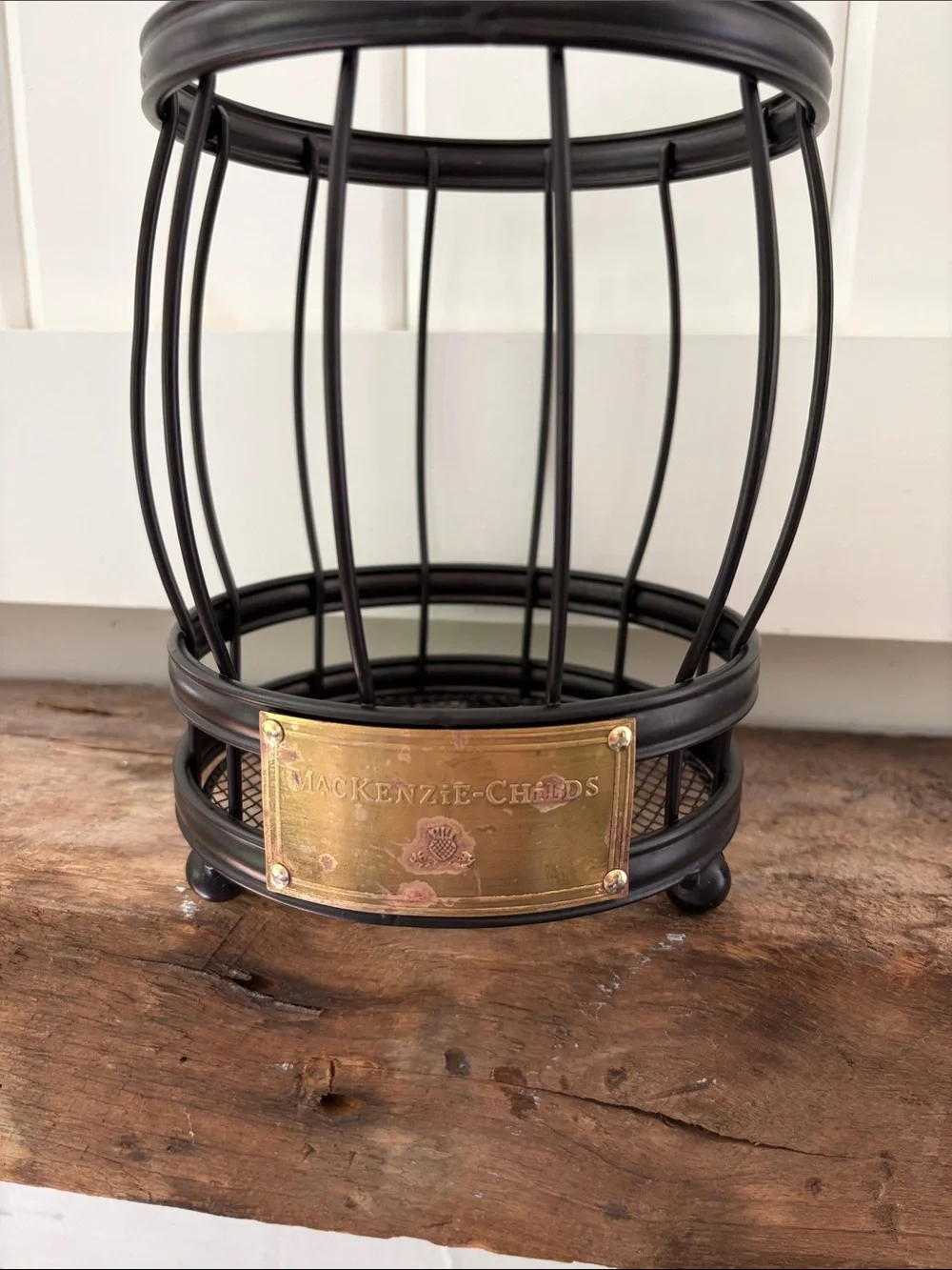 MacKenzie-Childs Black Metal utensil holder with Brass Plaque
